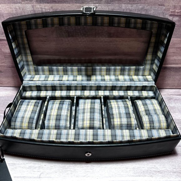 Drexel Heritage Mens Plaid Black Leatherette 5 Slot Watch Jewelry Organizer Box - Picture 2 of 10